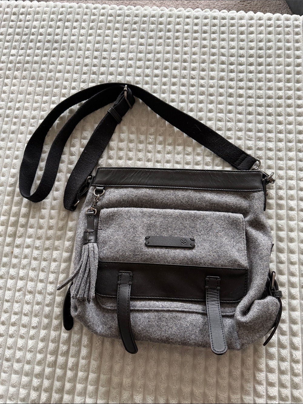 Gray Felt Crossbody Bag with Black Leather Trim
